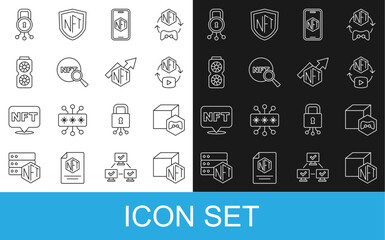 Poster - Set line NFT Digital crypto art, Mobile with store app, Search, Video graphic card, Cyber security and growth bar chart icon. Vector