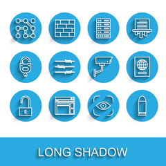 Poster - Set line Open padlock, Website template, Graphic password protection, Eye scan, Bullet, Barbed wire, Passport and Security camera icon. Vector