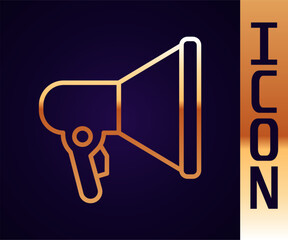 Poster - Gold line Megaphone icon isolated on black background. Speaker sign. Vector