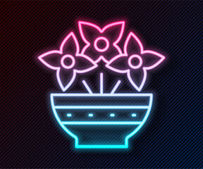 Wall Mural - Glowing neon line Flower in vase icon isolated on black background. Vector