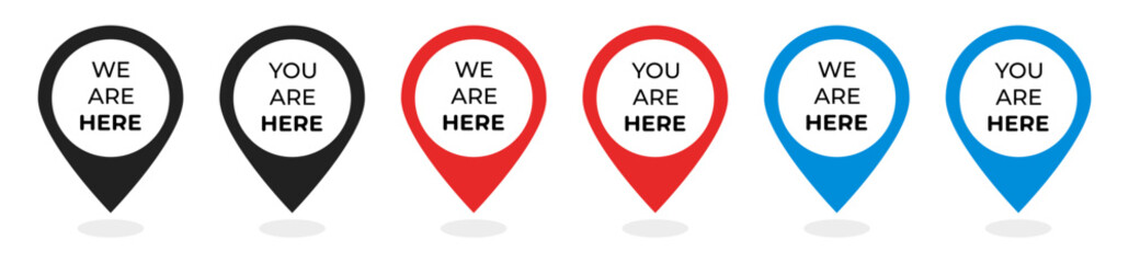 We're here location symbol set. Pin map location icons. Vector illustration