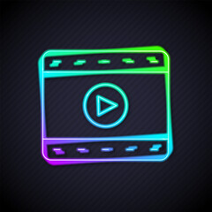 Poster - Glowing neon line Play Video icon isolated on black background. Film strip sign. Vector