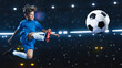 © Gorodenkoff - Aesthetic Shot Of Athletic Child Soccer Football Player Jumping And Kicking Ball Mid Air On Black Background Under Spotlight. Young Boy Scoring Beautiful Winning Goal During Championship Final Match