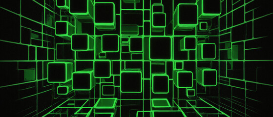 Sticker - Abstract, 3D, neon green and black wallpaper of lines and cubes, light and shadow