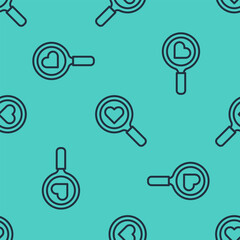 Poster - Black line Search heart and love icon isolated seamless pattern on green background. Magnifying glass with heart inside. Happy Valentines day. Vector