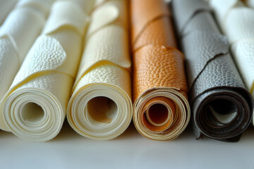 Wall Mural - A bunch of rolls of different coloured leather. The rolls are stacked on top of each other