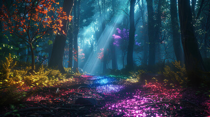 Wall Mural - Deep in a forest of unique psychedelic trees. neon rainbow light. the mystical lighting is truly enchanting