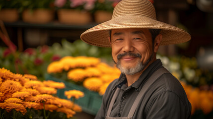 Wall Mural - A Japanese man wearing a straw hat and apron is smiling at the camera in front of a flower stand. a Japanese man in his 40s, dressed simply as gardener, with beard, with Japanese Straw Hat