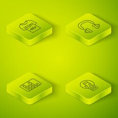Poster - Set Isometric line Headphones, Music equalizer, Pause button and T-shirt icon. Vector