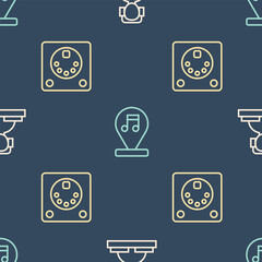 Poster - Set line DJ playing music, Drum machine and Music note, tone on seamless pattern. Vector