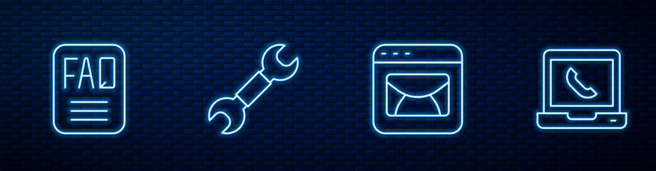 Poster - Set line Mail and e-mail, FAQ information, Wrench spanner and Telephone 24 hours support. Glowing neon icon on brick wall. Vector