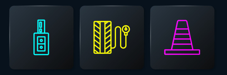 Poster - Set line Car key with remote, Traffic cone and Tire pressure gauge. Black square button. Vector