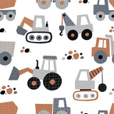 Fototapeta Boho - Cute little cars, truck. Cartoon cars outline. Flat vector seamless pattern