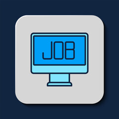 Poster - Filled outline Search job icon isolated on blue background. Recruitment or selection concept. Human resource and recruitment for business. Vector