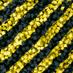 Poster - A black and yellow striped pattern composed of many small three-dimensional cubes. 3d rendering illustration
