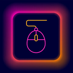 Poster - Glowing neon line Computer mouse gaming icon isolated on black background. Optical with wheel symbol. Colorful outline concept. Vector