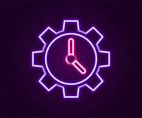 Poster - Glowing neon line Time Management icon isolated on black background. Clock and gear sign. Productivity symbol. Colorful outline concept. Vector