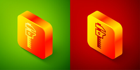 Poster - Isometric Calliper or caliper and scale icon isolated on green and red background. Precision measuring tools. Square button. Vector