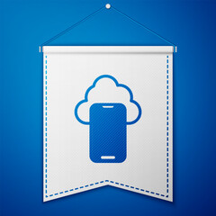 Poster - Blue Cloud technology data transfer and storage icon isolated on blue background. White pennant template. Vector