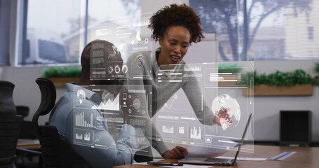 Poster - Image of financial data processing over diverse business people in office