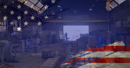 Poster - Image of drawn American flag over people working in factory in the background