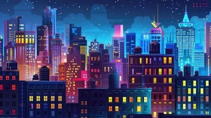 Wall Mural - Night scene of a bustling urban cityscape - A digital illustration showcasing an animated city at night with glowing lights and skyscrapers