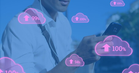 Poster - Image of digital clouds with percent going up over man using smartphone