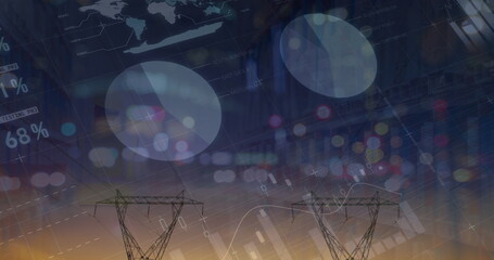 Poster - image of graphs and financial data over electricity poles at sunset