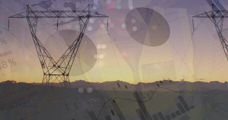 Poster - image of graphs and financial data over electricity poles at sunset