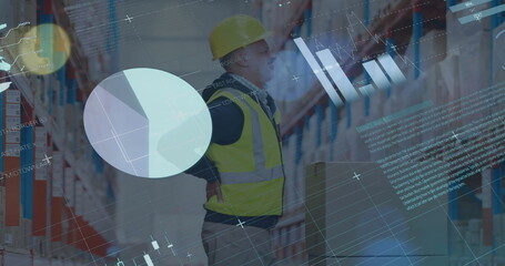 Poster - Image of graphs and financial data over caucasian male warehouse worker