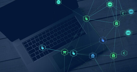 Canvas Print - Image of network of connections with icons over laptop