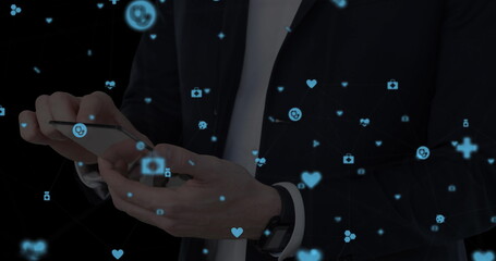 Poster - Image of network of connections with icons over men using smartphone