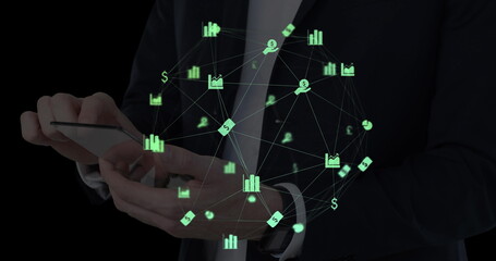 Poster - Image of network of connections with icons over men using smartphone