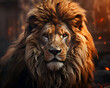 Portrait of a lion on a background of a burning house.