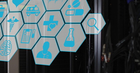 Poster - Image of network of medical icons and data processing over computer servers