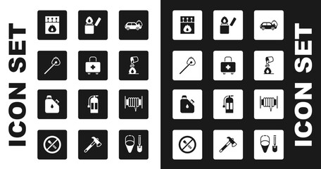 Canvas Print - Set Burning car, First aid kit, match with fire, Matchbox and matches, Bucket extinguishing, Lighter, Fire hose reel and Canister fuel icon. Vector