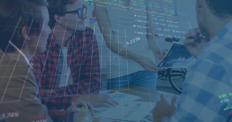 Poster - Image of financial data processing and stock market over diverse business people