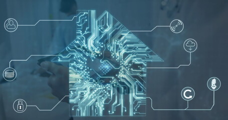 Poster - Image of computer circuit board house over caucasian male doctor with tablet