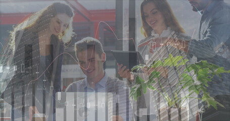 Poster - Image of financial graphs, data and cityscape over diverse businesspeople talking in office