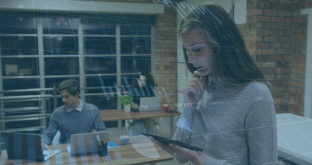 Poster - Image of data processing over caucasian businesswoman using tablet
