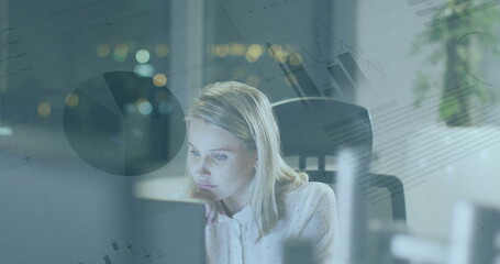 Poster - Image of data processing over caucasian businesswoman using laptop