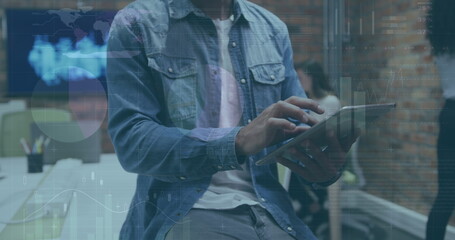 Poster - Image of data processing over caucasian businessman using tablet