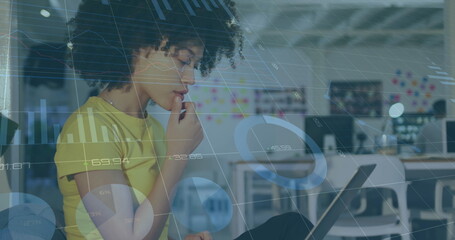 Poster - Image of data processing over biracial businesswoman using laptop