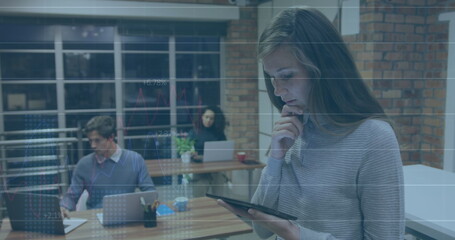 Poster - Image of data processing over caucasian businesswoman using tablet
