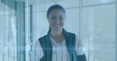 Poster - Image of data processing over biracial businesswoman smiling