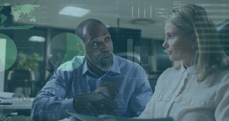 Poster - Image of data processing over diverse business people talking