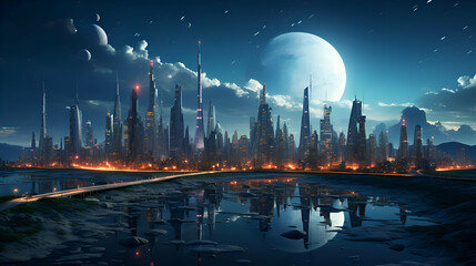 Wall Mural - Futuristic city at night with full moon. 3d rendering