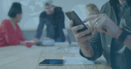 Poster - Image of data processing over caucasian businessman using smartphone in office
