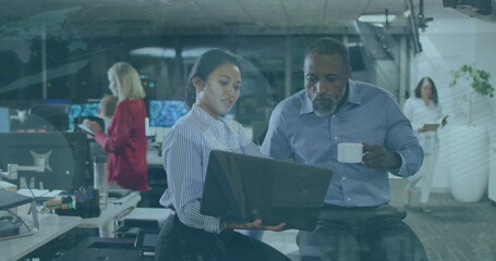 Poster - Image of data processing over diverse business people using laptop in office