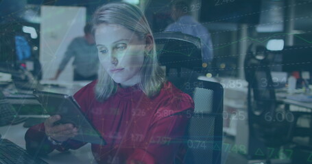 Poster - Image of data processing over caucasian businesswoman using tablet in office